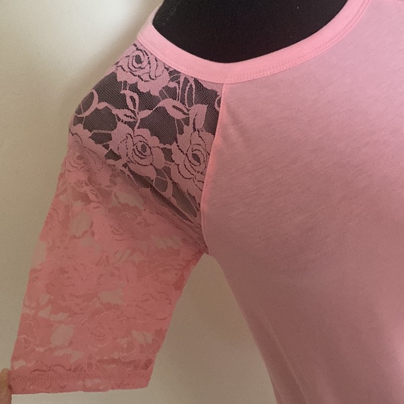 Zenana Pink Short Sleeve Shirt With Rose Lace Sleeves - Picture 10 of 16